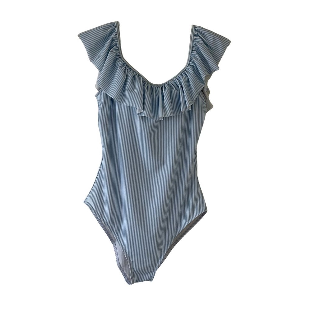 Cupshe Light Blue and White Stripe One Piece Ruffle Swimsuit Small